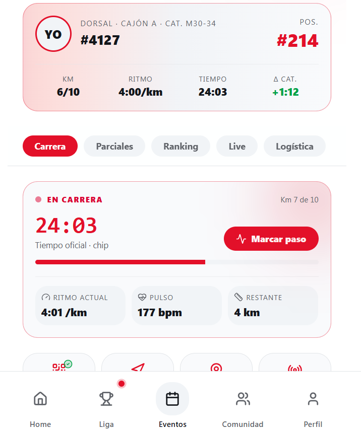 Captura real de WSport App mostrando seguimiento de carrera, ritmo, tiempo y navegación
